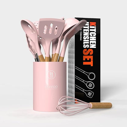 oannao Silicone Kitchen Utensils Set - 446°F Heat Resistant Cooking Utensil Sets, Spatula,Turner,Tongs,Spoon,Whisk, Wooden Handle Silicone Kitchen Gadgets Tools for Non-Stick Cookware BPA Free (Pink)