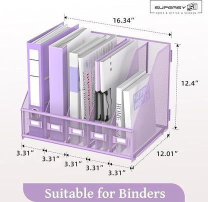 SUPEASY Desk Organizers Metal Desk Magazine File Holder with 5 Vertical Compartments Rack File Organizer for Office Desktop, Classroom, Home Workspace, Purple Plus
