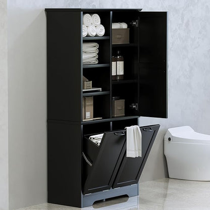 Merax Cabinet with Tilt-Out Laundry Hamper Basket, Tall Bathroom Storage Organizer Linen with Open Shelf for Home, Freestanding, Black