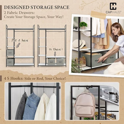 CAPHAUS 979lbs Capacity Garment Rack for Hanging Clothes, Heavy Duty Open Wardrobe w/Hanging Rods & Fabric Drawers, Free Standing Closet Organizer, Metal Closet Rack w/White Wooden Shelves