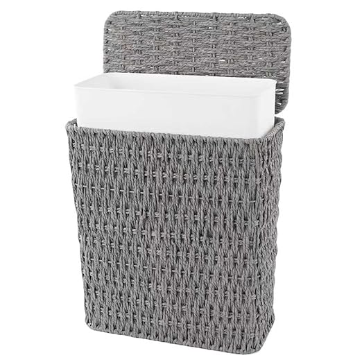 3 Gallon Paper Rope Bathroom Trash Can,Small Wicker Trash Cans with Lid and Liner,Woven Rattan Narrow Waste Basket for Bedroom,Office,Grey
