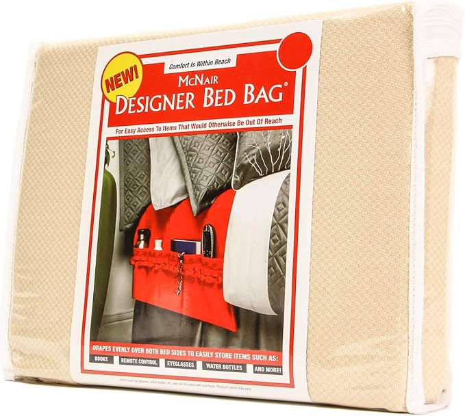 McNair D.B.B. Bedside Storage Organizer/Caddy extends from the left side of the bed to the right side. It provides easy access to remote controls, eye glasses, books, cell phones, water bottles, etc.