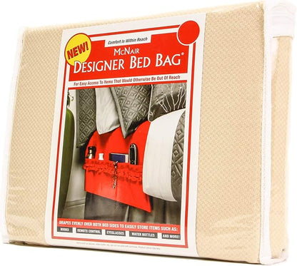 McNair D.B.B. Bedside Storage Organizer/Caddy extends from the left side of the bed to the right side. It provides easy access to remote controls, eye glasses, books, cell phones, water bottles, etc.