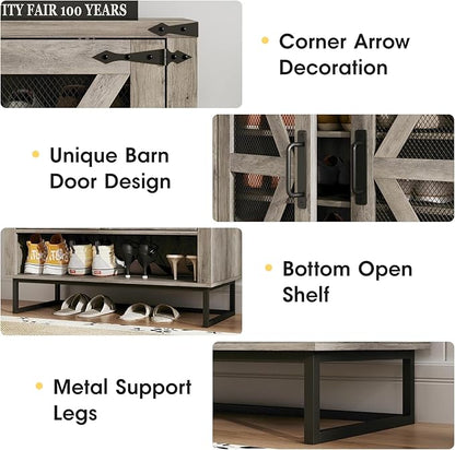 Maupvit 42.1" Farmhouse Shoe Cabinet with Ventilated Mesh Doors, 6-Tier Shoe Storage Cabinet with Adjustable Shelves & Metal Legs, Rustic Wooden Shoe Rack Organizer for Entryway, Hallway, Foyer, Grey