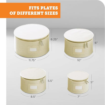 storageLAB China Storage Containers, Hard Shell Case with Felt Dividers for Charger Plates, and Dishes, Ideal for Kitchen Organization, Moving Supplies, and Fine China Storage - 4-Piece Set, Cream