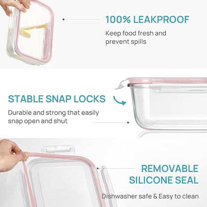 Vtopmart 2Pack 1860ml/63oz Large Glass Storage Containers with Lids, Meal Prep Food Container Set with Snap Airtight Lid for Baking, Microwave, Oven, Leak Proof, for Freezer, Dishwasher, Pink