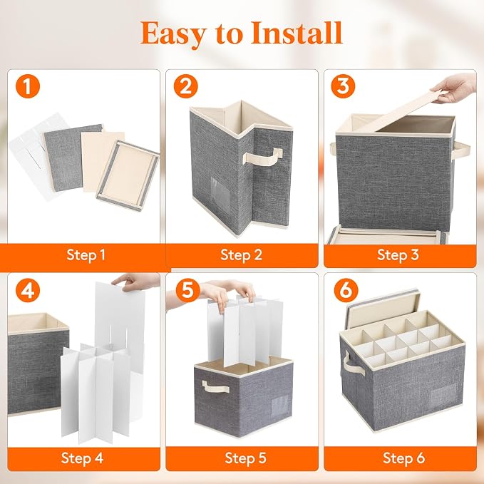 Lifewit 4 Pcs Wine Glass Storage Box with Dividers, Stackable Cationic Hard Shell Stemware Organizer with 48 Cells, Foldable Dustproof China Containers for Moving, Light Grey