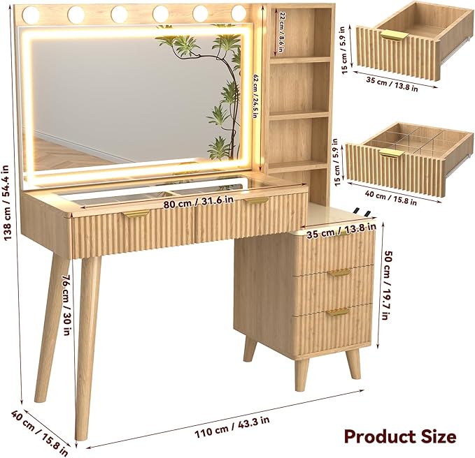 43" Fluted Makeup Vanity Desk with 32" Mirror and Lights, Modern Glass Top Large Vanity Table with 5 Drawers and 3 Storage Shelves, Dressing Table Set with Charging Station for Bedroom-Gold