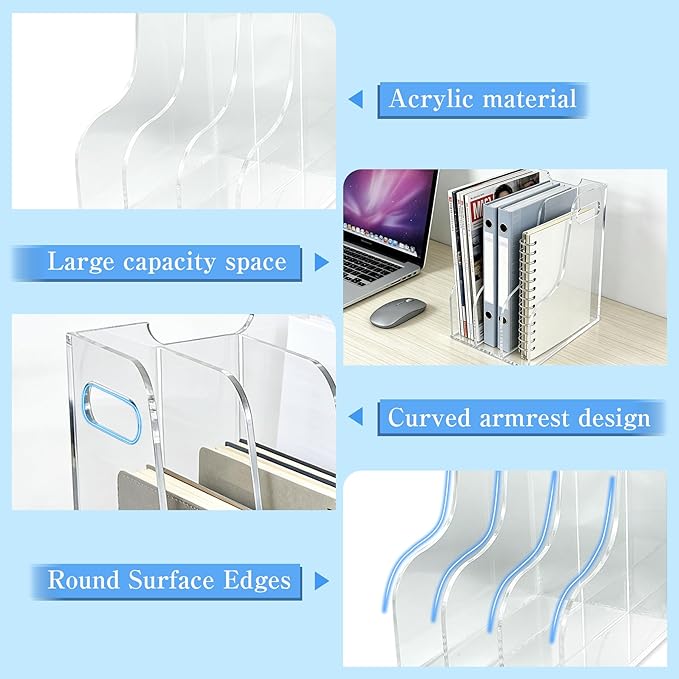 3-Tier Clear Acrylic File Holder, Vertical Document Organizer for Magazines, Binders, Notebooks & Envelopes - Multi-Purpose Desk Storage for Home Office（A4,3 Sections）