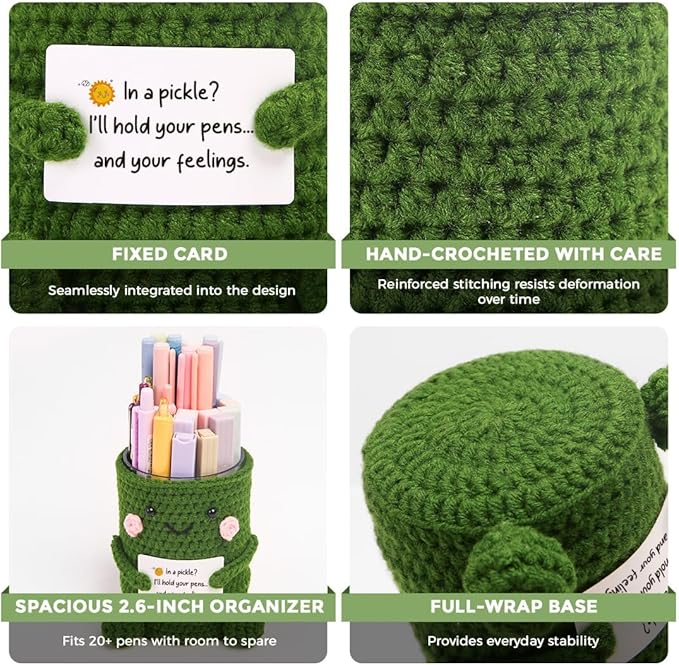 SKYDUE Crocheted Pen & Pencil Holder with Inspirational Card - Handmade Desk Organizer for Office, School, Home - Functional Desk Decor Pen Cup