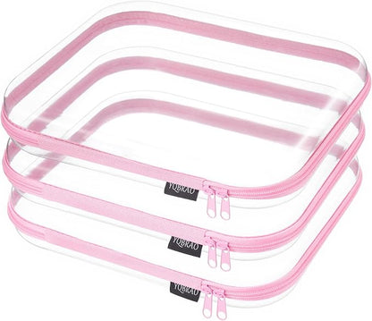 YQBRAO 3-Pack Large Clear Hard Shell Zipper Case, 1.2mm Ultra-Thick Rigid Toy & Closet Organizer, Heavy-Duty Diaper Bag Pouch Set with YKK Zippers, Waterproof Travel Storage (Pink)