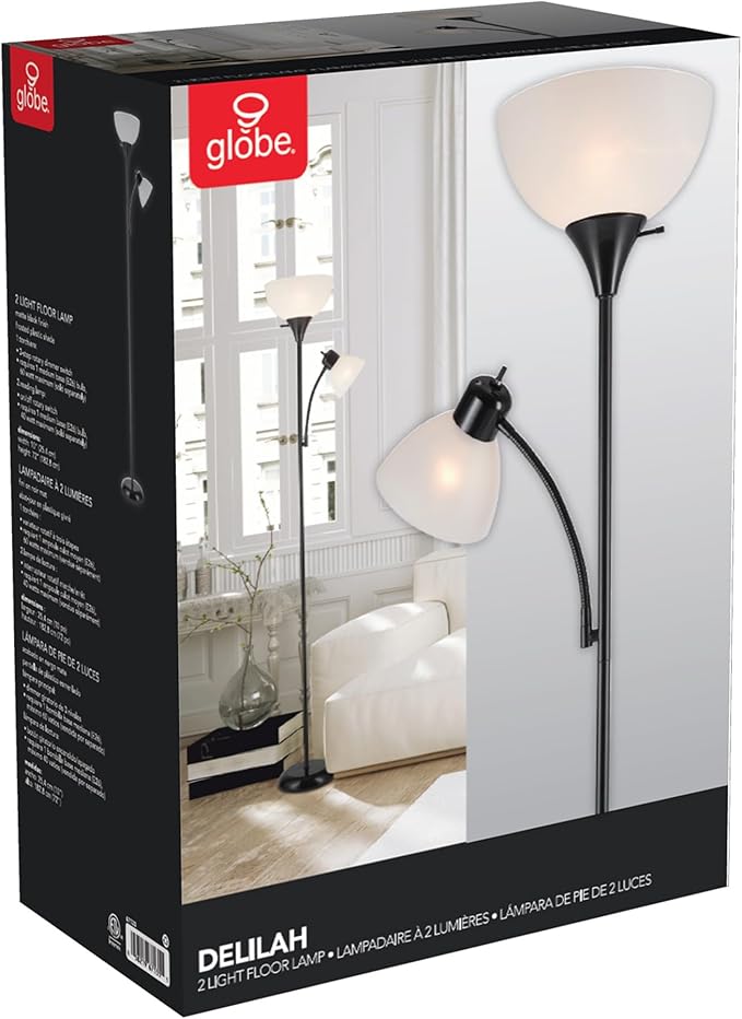 GLOBE Electric 67135 72" Torchiere Floor Lamp and Adjustable Reading Light,Matte Black,Frosted Shade,Dual Rotary Switch,3-Step Dimming,Modern Lighting for Living Room or Office,(Pack of 2)
