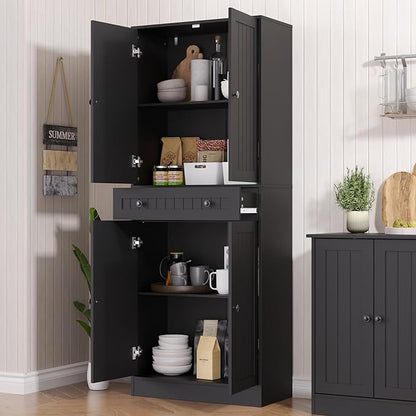 Kitchen Pantry Storage Cabinet, 71" H Farmhouse Pantry Cabinet with 4 Doors & Drawer, Freestanding Cupboard with Adjustable Shelves, Rustic Wood Cupboard for Kitchen, Dining Room, Black