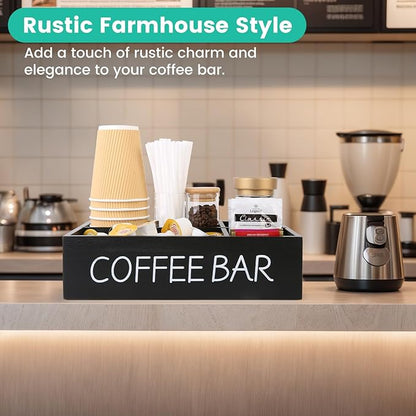 Coffee Bar Organizer – Wooden Coffee Station with 4 Compartments, Removable Dividers, and Condiment Storage for Home & Office