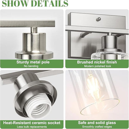 3-Light Bathroom Light Fixtures, Vanity Light with Clear Glass Shades, Brushed Nickel Bathroom Light Fixtures Over Mirror, Modern Bathroom Wall Lamp for Mirror Living Room Cabinet Bedroom