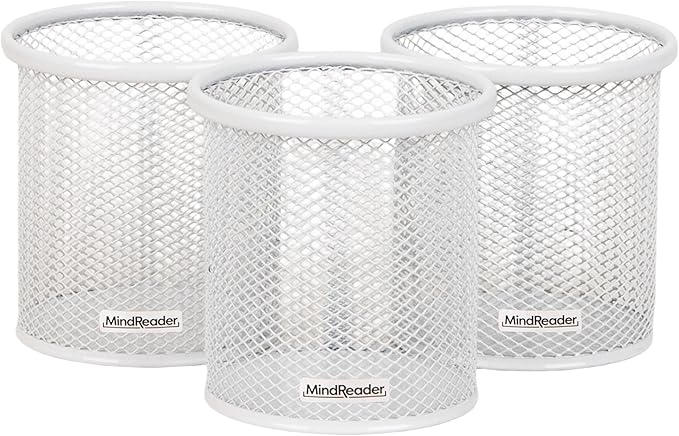Mind Reader Pen and Accessories Holder, Desktop Organizer, Office, Metal Mesh, 3.5"L x 3.5"W x 3.75"H, Set of 3, White