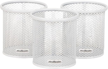 Mind Reader Pen and Accessories Holder, Desktop Organizer, Office, Metal Mesh, 3.5"L x 3.5"W x 3.75"H, Set of 3, White