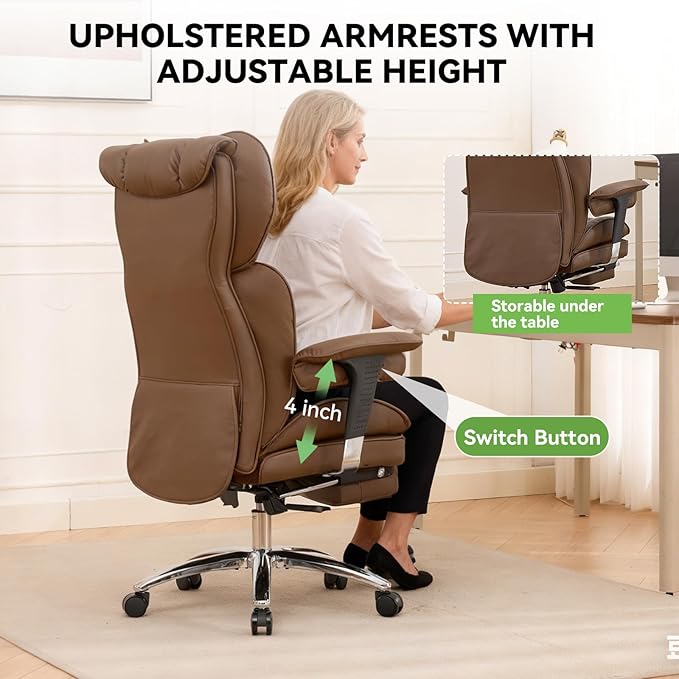 Efomao Big & Tall Executive Office Chair with Footrest - 400lbs Heavy Duty High Back PU Leather Desk Chair, Modern Ergonomic Reclining Computer Chair, Brown