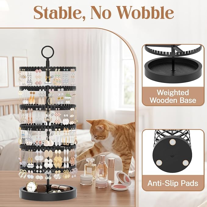 iDavosic.ly 6 Tier Rotating Earring Holder Organizer with Wooden Tray, Large Dangle Display Stands Tree with 342 Plastic Grooves, Adjustable Hoop Storage Rack, Space Saving Tower, Black