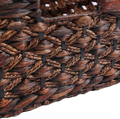 Rectangular Wicker Storage Basket, Dark Water Hyacinth Basket With Inside Handles Shelves Kitchen Office Desk (Large)
