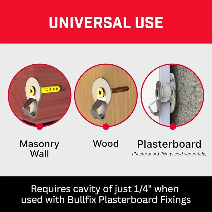 Bullfix Heavy Duty Picture Hooks 10 Pack - Steel Hanging Hardware for Masonry, Timber & Plasterboard Walls, Holds Up to 110 lbs - Heavy Duty Picture Hangers with Safety Clip