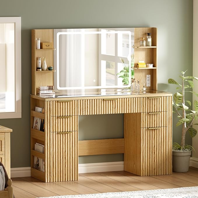 47.2" Fluted Makeup Vanity Desk with Large 28.7" Mirror and Lights, 5 Drawer Vanity with Power Strip, 6 Open Shelves, 2 Cabinet, Modern Bedroom Vanity Featuring Visual Transparent Glass