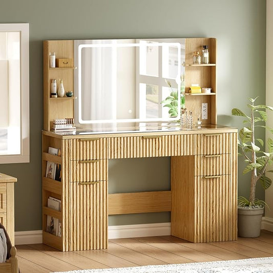 47.2" Fluted Makeup Vanity Desk with Large 28.7" Mirror and Lights, 5 Drawer Vanity with Power Strip, 6 Open Shelves, 2 Cabinet, Modern Bedroom Vanity Featuring Visual Transparent Glass