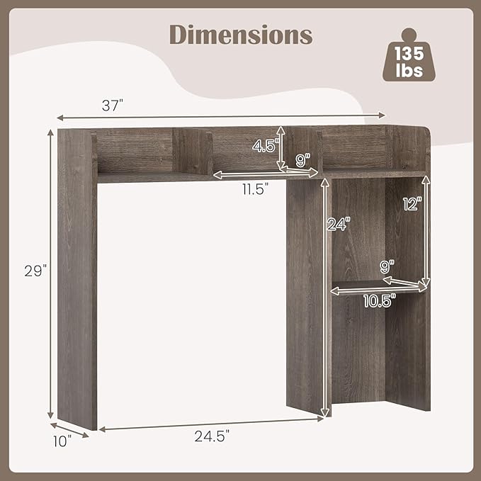 Desk Hutch, Desktop Shelf with 5 Shelves, Desk Bookshelf w/Anti-Toppling Devices, Wood Table Top Bookshelf Organizer, Small Desk Shelf for Study, Office, Dorm (Grey, 5 Shelves)