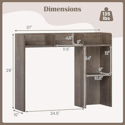 Desk Hutch, Desktop Shelf with 5 Shelves, Desk Bookshelf w/Anti-Toppling Devices, Wood Table Top Bookshelf Organizer, Small Desk Shelf for Study, Office, Dorm (Grey, 5 Shelves)