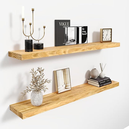 Howizz 36'' Pine Wood Floating Shelves for Wall- Set of 2 - Rustic Wall Mounted Wooden Shelf for Stylish Home Décor (Natural, 36x6.5x1.25) - 2pcs