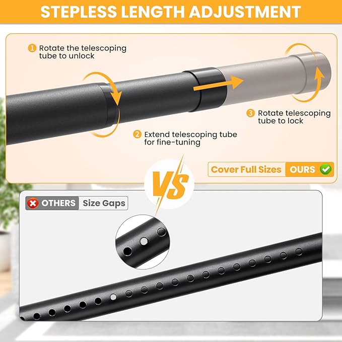 Closet Rods for Hanging Clothes, 17-99 Inch No-Cut Stepless Adjustable Closet Rod, 1.3 Inch Heavy Duty Metal Closet Hanging Rod with Brackets, Matte Black Closet Bar for Closet, Laundry Room, RV