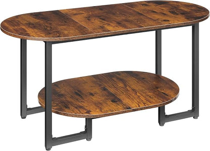 HOOBRO Coffee Table for Living Room, Oval Small Coffee Table with 2-Tier Open Storage Shelf, Industrial Cocktail Tea Table, Wooden Desktop Center Table, Farmhouse, Home Office, Rustic Brown BF09KF01