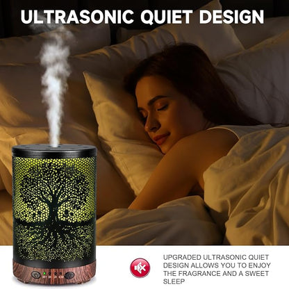 Essential Oil Diffuser 120ML Metal Aromatherapy Diffuser with Timer, Cool Mist Humidifier with Auto Shut-Off & 7 Color Lights for Home Office Spa (Life Tree)