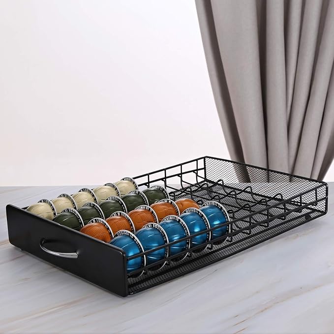 HiveNets Nespresso Vertuoline Capsule Storage Drawer Vertuo Coffee Holder Metal Multiple Flavors Pods Organizer 40 Pcs Capacity