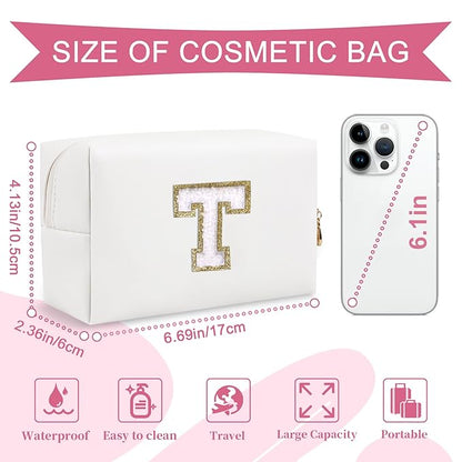 Small Personalized Initial A-Z Preppy Patch Makeup Bag,White PU Chenille Letter Travel Cosmetic Pouch with Zipper,Cute Toiletry Bag,Gift Ideal for Teen Girls Women Teacher Bridesmaid,Letter T