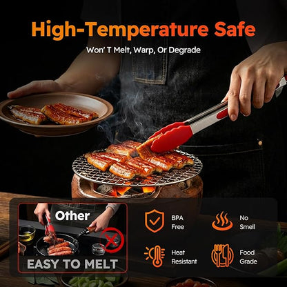 HST Tongs for Cooking with Silicone Tips(3 Pack), Non Stick Kitchen Tongs with Silicone Tip for Cooking BBQ Baking (12", Red)