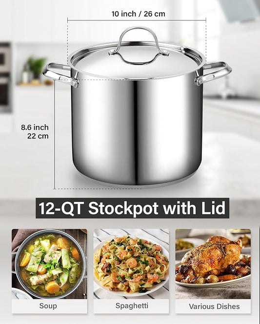 Cooks Standard Classic 12 Quart Stock Pot with Lid, Stainless Steel Pasta Pot
