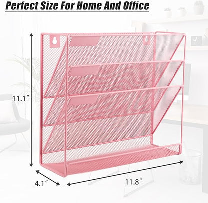EASEPRES Desk File Organizer Mesh 4-Tier, Hanging Wall Mount Document Organization Stand, Desktop Vertical Mail Paper Folder Holder Rack with Bottom Tray for Office Home Cubicle Countertop, Pink