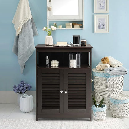 Tangkula Bathroom Floor Cabinet, Wooden Freestanding Storage Cabinet with Double Shutter Door & Adjustable Shelf, Storage Cabinet for Bathroom Living Room (Brown)
