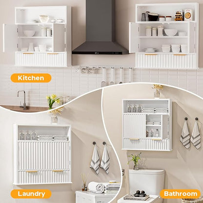 Bathroom Wall Cabinet, Wall Mounted Medicine Cabinet with Drawers, Modern Farmhouse Storage Cabinet with with Adjustable Wood Shelf & Doors for Bathroom, Kitchen, Laundry Room (White)
