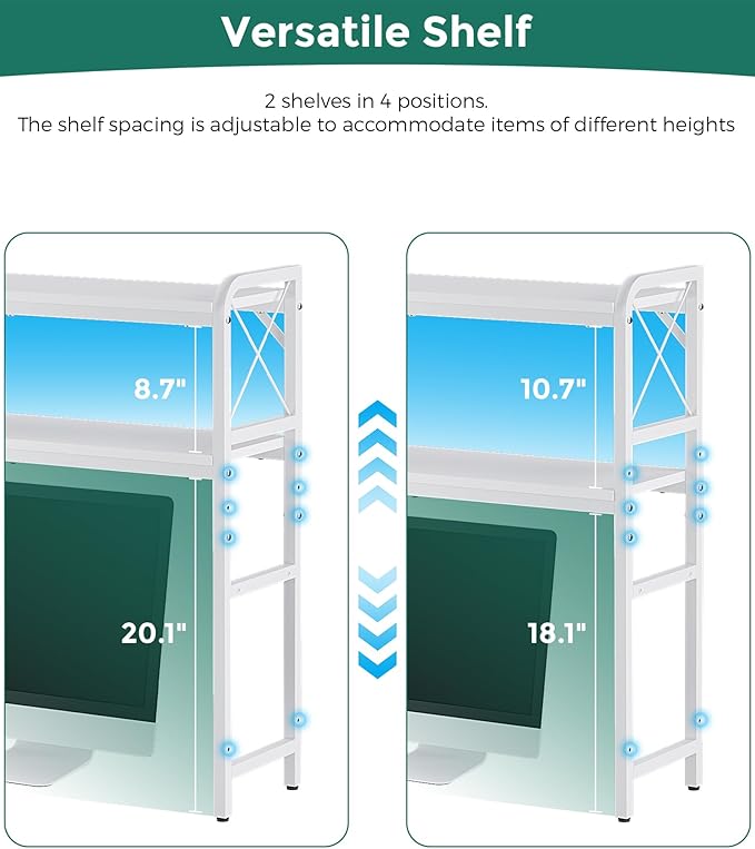 Desktop Shelves, Monitor Stand with Adjustable Shelves and Side Pockets, 2-Tier Desktop Bookshelf Organizer, Large Capacity Display Shelf Rack, Desk Hutch for Home Office, Study Room, White