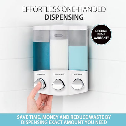Better Living Products, White 76354 Euro Series TRIO 3-Chamber Soap and Shower Dispenser