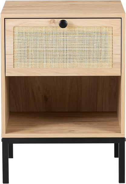 XIAO WEI Natural Rattan Nightstand Set of 2, Boho Night Stand with Drawer and Open Shelf, Bedside Table Accent Cane End Table Side Table for Bedroom Living Room, Metal Legs/Small/Natural
