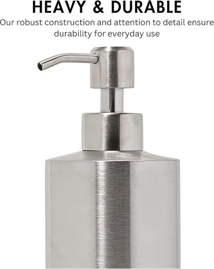 Silver Soap Dispenser for Kitchen & Bathroom – 15 oz Refillable Pump Bottle for Dish Soap, Hand Soap, Shampoo, Conditioner – Modern Countertop Dispenser with Non-Slip Protective Pads