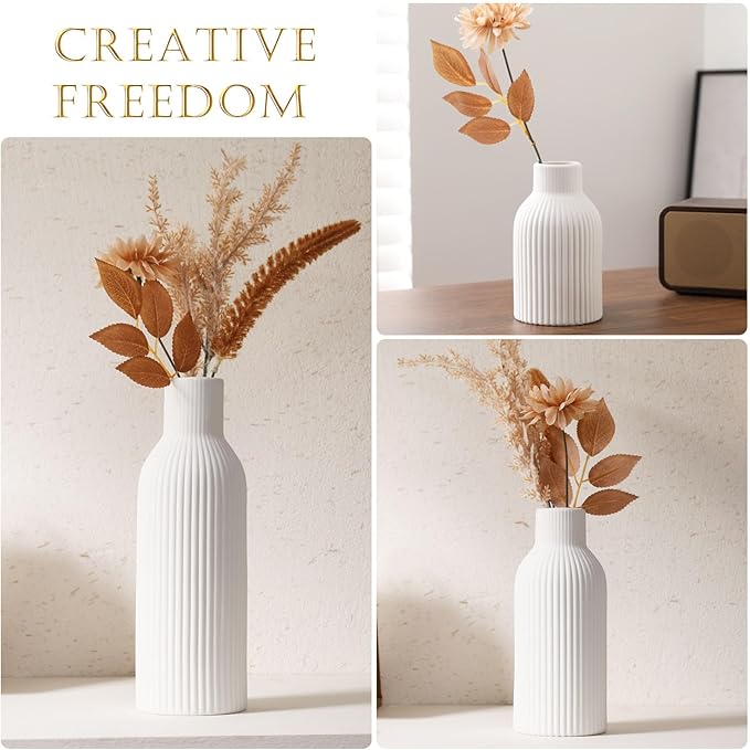 Ceramic Vase Set of 3 - Handcrafted Ceramic Vases for Home Decor & Shelf - Modern Farmhouse Decor for Kitchen, Office, Bedroom & Living Room Decorative Objects for Mantel, Table Centerpieces