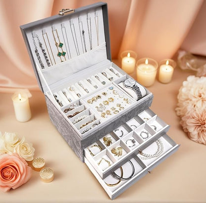 Jewelry Organizer Box, Large Jewelry Boxes for Women, 3-Layer Jewelry Holder Organizer for Necklace Earrings Rings Bracelets Storage, Gift for Her Mom