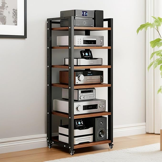 6 Tier AV Media Stand, 55in Audio Rack Tower Stereo Components Cabinet, Home Theatre CD Record Player Stereo Receiver Equipment Rack with Adjustable Wood Shelves, Load 400lbs (Walnut Brown)