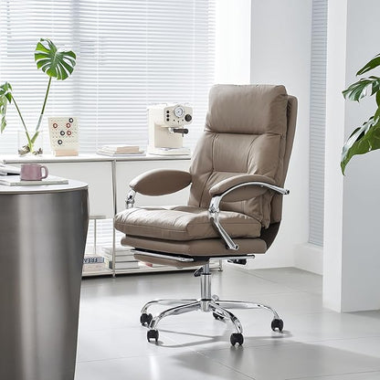 LEAGOO Heated Massage Office Chair with Foot Rest, Reclining Ergonomic Executive Office Chair with Massager for Lower Back, High Back PU Leather Comfy Heated Computer Desk Chair with Wheels, Khaki