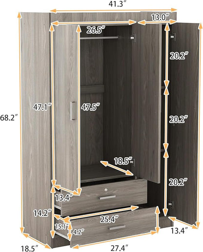 3 Door Wardrobe Cabinet Closet with Storage Drawers, Shelves and Hanging Rail for Clothes, Bedroom Organizer Funiture