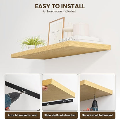 Dreamland 48" Floating Shelves for Wall, 12" Deep Slim Oak Floating Shelves, Wall-Mounted Shelves for Bedroom, Living Room, Kitchen, Bathroom - Set of 2